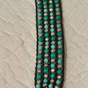 Premier Designs bracelet NWOT small brown leather silver/turquoise-like beads